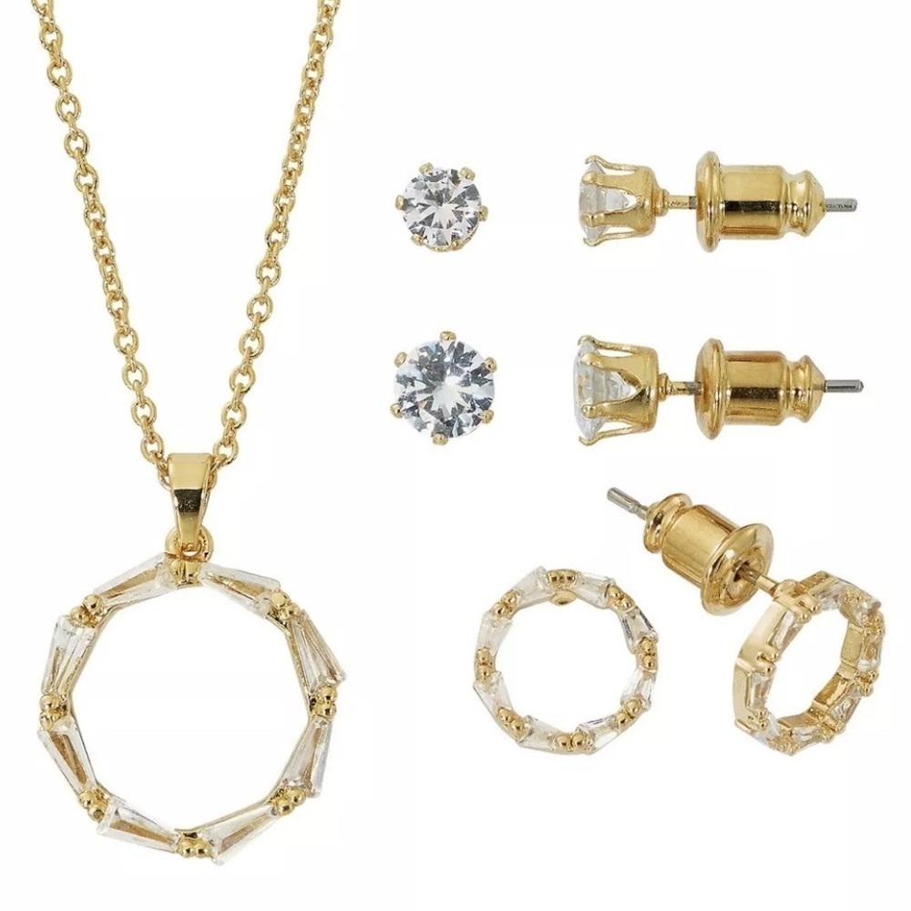 Danecraft Cubic Zirconia Circle Pendant & 3 Pair Stud Earring Set - Picture 2 of 15